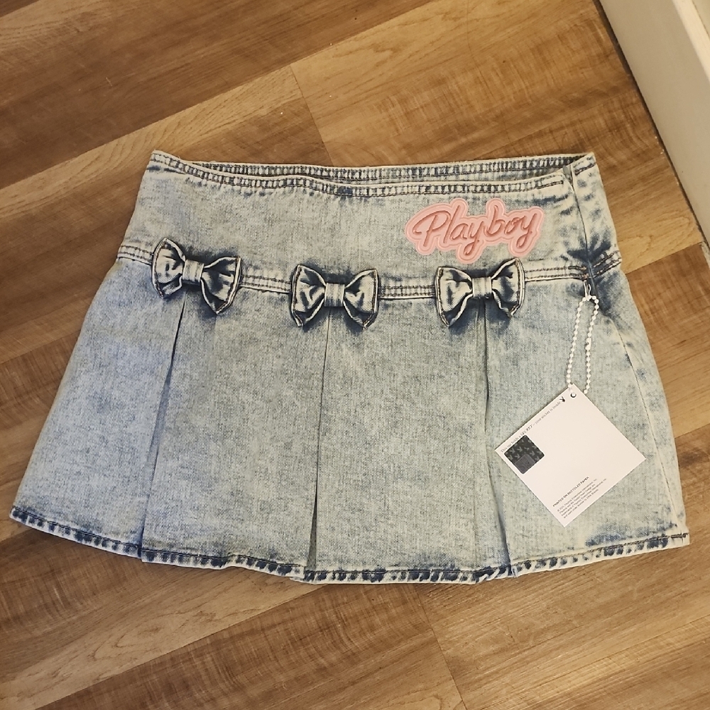 Playboy Y2K Denim Mini Skirt Bow Detail Logo Patch NWT Size 9